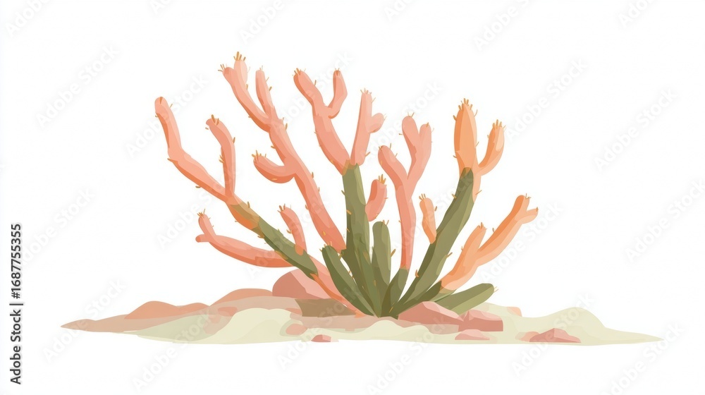 Obraz premium Illustration of a coral plant with pink branches and green base on sand.