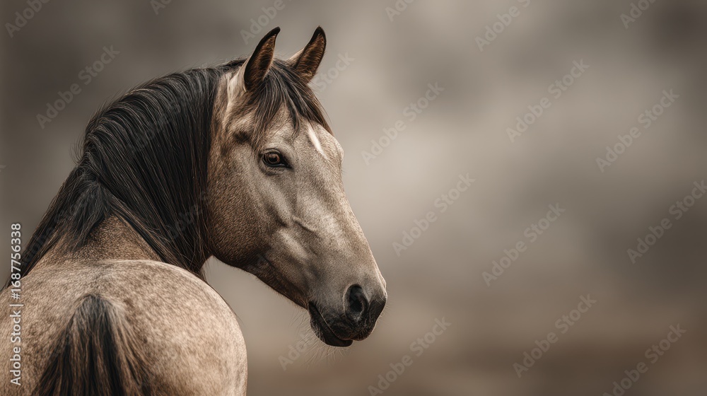 Obraz premium Majestic horse gazing into the distance under a dramatic sky at dusk in a tranquil outdoor setting
