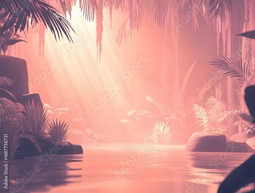 Serene Pink Tropical River Scene Sunrise Sunlight Jungle