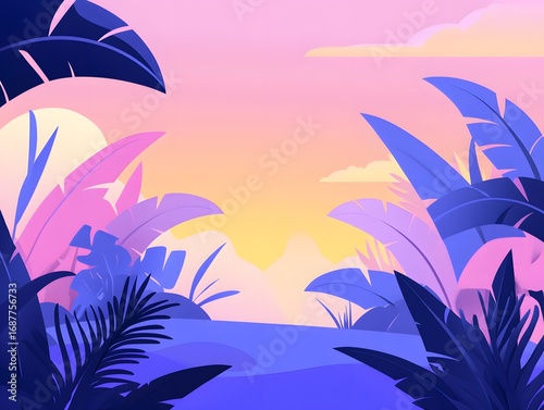 Vibrant Tropical Sunset Landscape Illustration