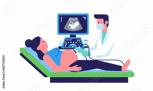 Expectant Mother Undergoing Ultrasound Examination with Doctor in Medical Setting.
