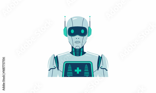 Futuristic White Robot with Glowing Blue Eyes and Antennas.
