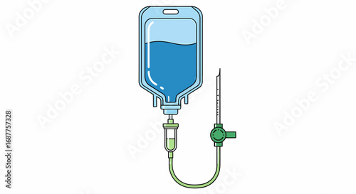 Illustrated Intravenous Drip Bag with Blue Liquid, Medical Healthcare Treatment.