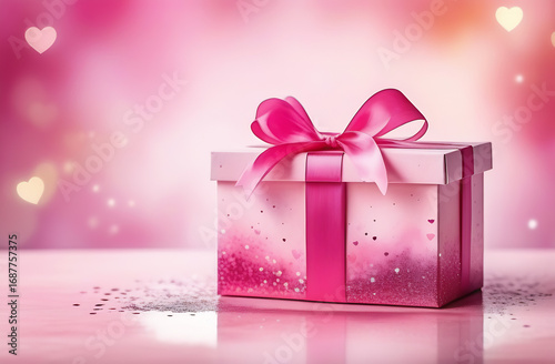 Pink gift box with bow on blured bokeh background. Banner