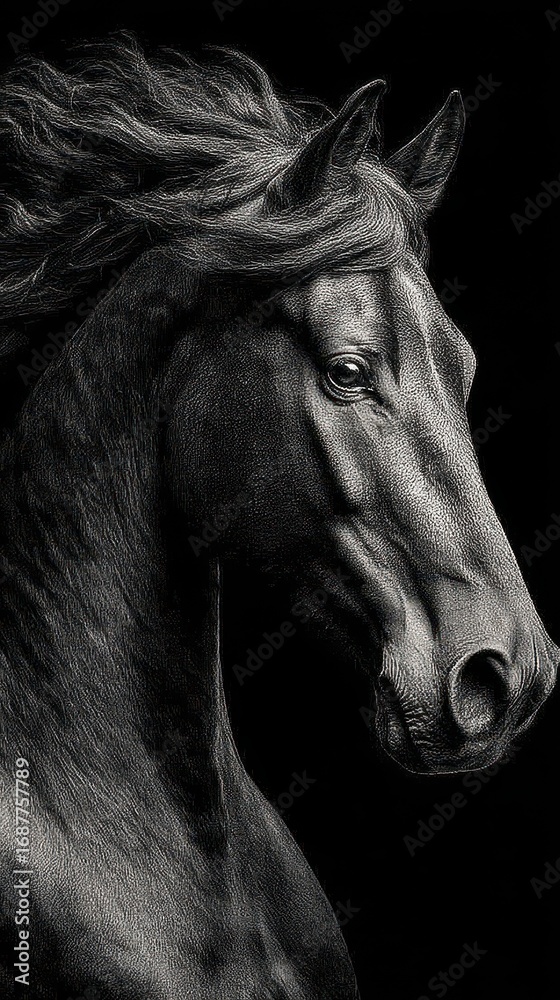 Obraz premium Majestic black horse portrait showcasing fine details and strong features against a dark background