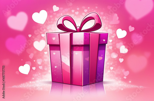 Pink gift box with bow on blured bokeh background. Banner