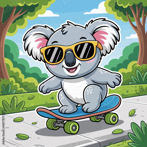 A charming koala wearing sunglasses skillfully rides a skateboard through a lush green park, merging cuteness and fun into a delightful outdoor scene.