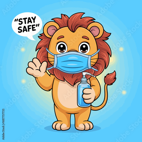 This whimsical illustration depicts a friendly lion wearing a mask and holding a sanitizer bottle, promoting health safety measures in a light-hearted and engaging manner.