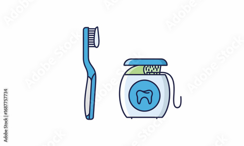 Illustrated blue toothbrush and dental floss container with a tooth logo for oral hygiene.