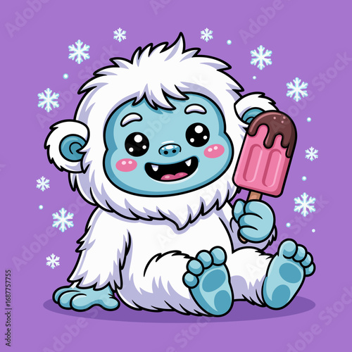 A friendly and cute yeti sits in the snow holding a popsicle, radiating joy and playfulness, capturing the essence of childhood delight in a snowy fantasy world.