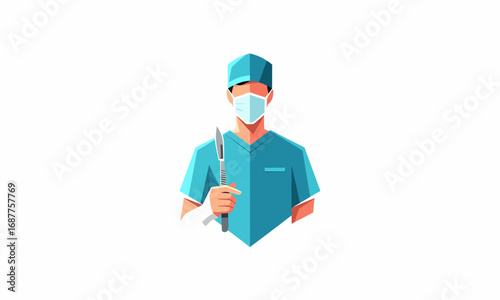 Male surgeon in blue scrubs, cap, and face mask holding a surgical instrument.