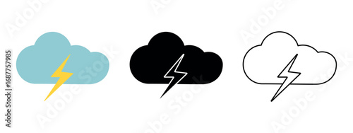 Lightning Icon color, outline, black full. Cloud and Bolt. Thunderbolt, electrical storm Flash. Set of different types of Weather symbol for forecast interface. Flat style. Vector illustration