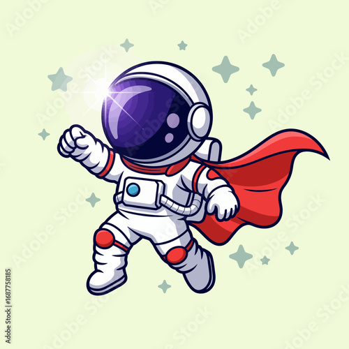 A brave astronaut in a sleek space suit, adorned with a dynamic cape, is depicted in mid-flight, capturing the essence of heroism and adventure in a vibrant cosmic setting.