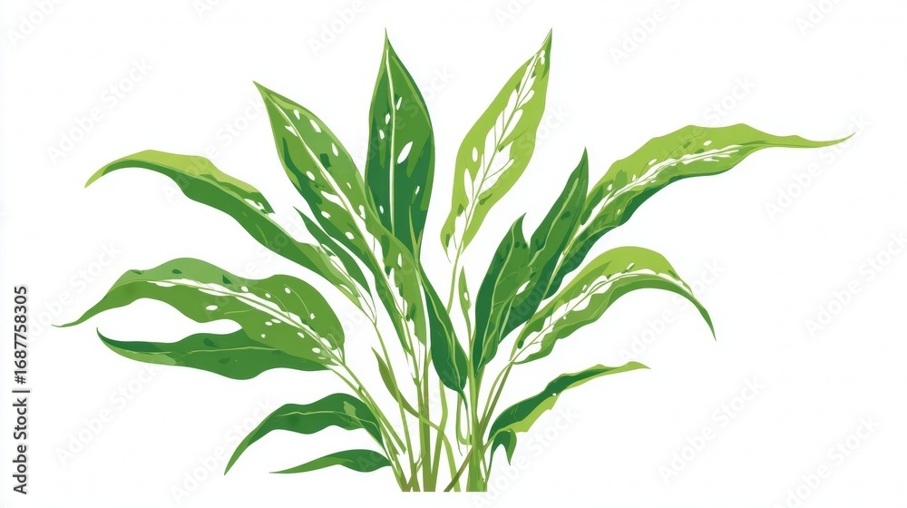 Naklejka premium A vibrant illustration of a tropical plant with long green leaves and distinctive white patterns, set against a clean white background.