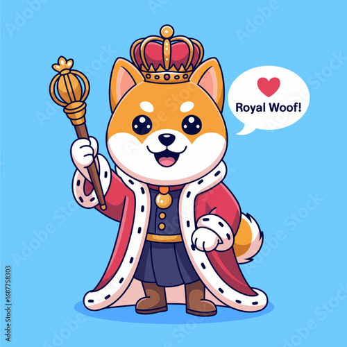 This charming artwork features a regal Shiba Inu dressed as a king, holding a scepter, symbolizing nobility, affection, and cheerfulness in a vibrant style.