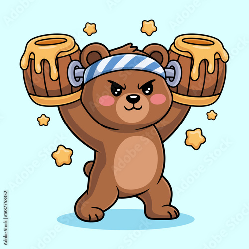 A determined bear lifts oversized honey barrel weights triumphantly, showcasing strength and determination, while having an adorable and comical expression to engage viewers.
