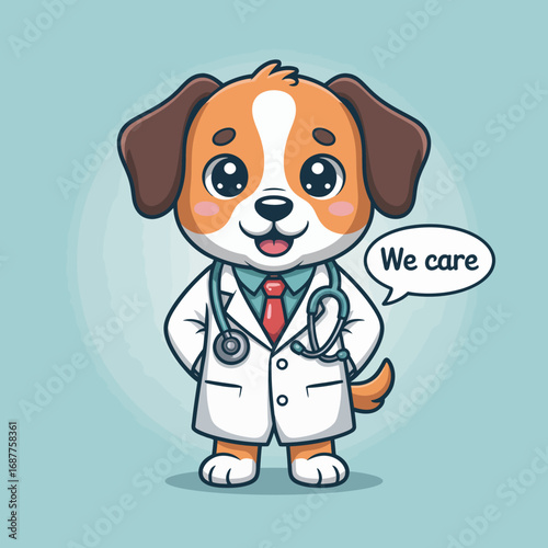 An adorable cartoon dog dressed as a doctor, complete with a stethoscope, smiling warmly and promoting a sense of care and compassion in a light-hearted, playful design.