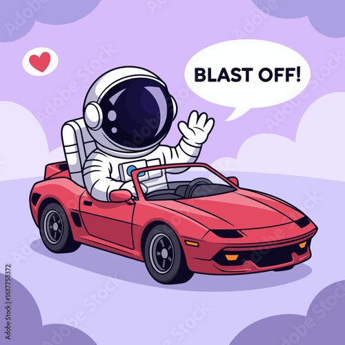 A comical astronaut waving from a convertible car, dramatically set against a dreamy cloud background, representing an imaginative take on adventure and freedom.