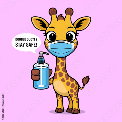 This creative depiction features a giraffe wearing a mask while holding a sanitizer, delivering a playful yet important message about safety and hygiene in a fun manner.