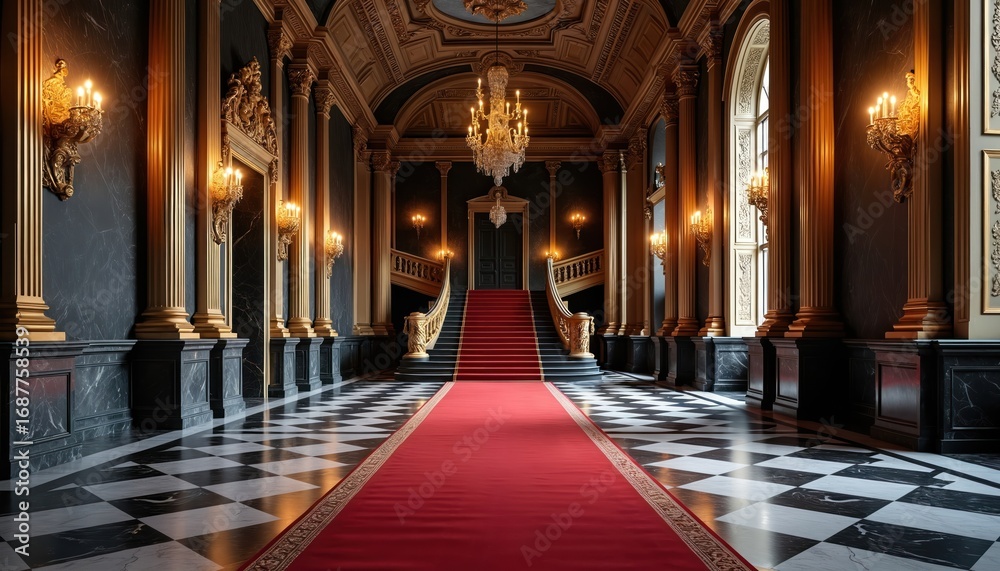 Fototapeta premium Grand interior hallway of Vladimir Palace, featuring red carpet leading up staircase. Ornate golden columns, sconces adorn marble walls. Black, white checkered floor reflects opulent chandelier
