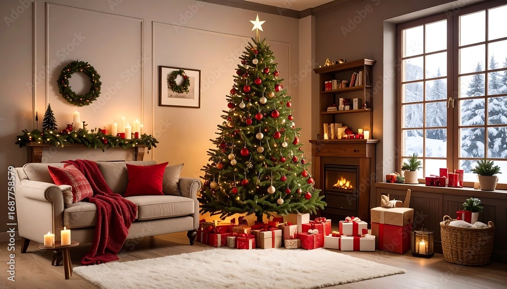 Obraz premium Cozy Christmas living room scene with a decorated tree