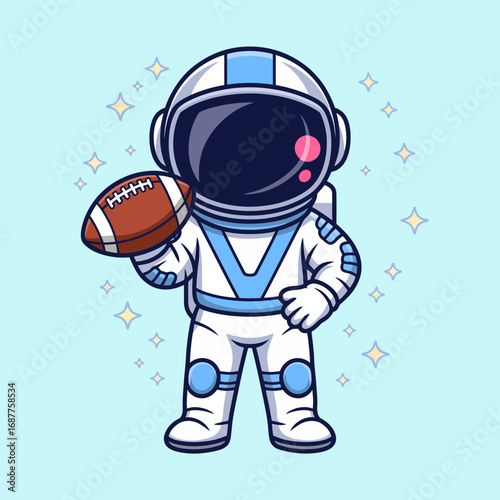 This playful astronaut, donning a modern space suit, proudly holds a football while posing confidently, blending sports excitement with space exploration in an imaginative setting.