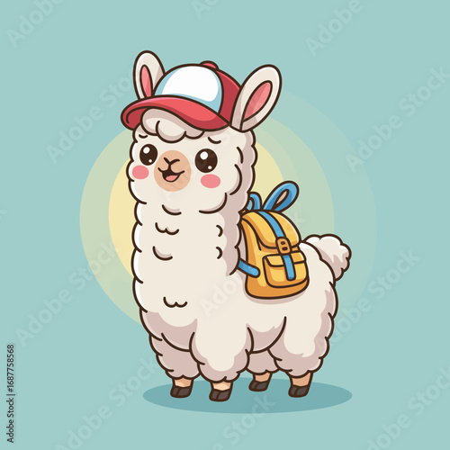 A fashionable llama with a cap and a backpack stands proudly, embodying a fun and adventurous spirit, appealing to those who appreciate uniqueness and playful character design.