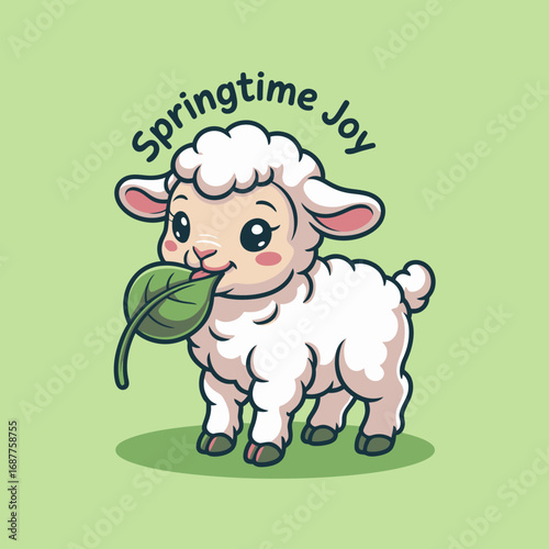 This cheerful illustration features a cute lamb holding a leaf, exemplifying the joys of spring and evoking feelings of happiness and warmth in a playful style.
