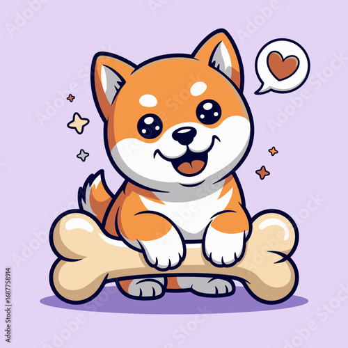 A delightful Shiba Inu is playfully resting on a large bone, radiating cuteness and charm, combined with a heart symbol to express affection in a colorful design.