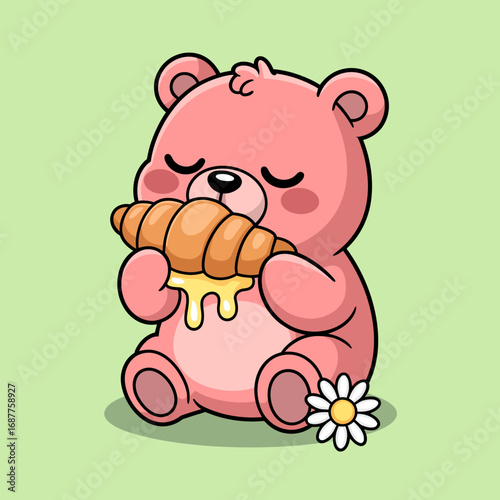 This charming illustration portrays a cute pink bear relishing a croissant, capturing a moment of joy and delight that resonates with the viewer's sweet tooth and happiness.