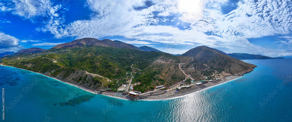 Fototapeta premium Albania Lukovë tourist village beach Ionian emerald water, crystal, panoramic view