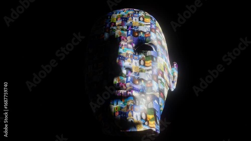 Face, head made of video clips collage, turning from left to right