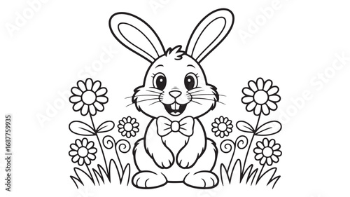 Adorable Easter Bunny Coloring Page Cute Rabbit with Flowers