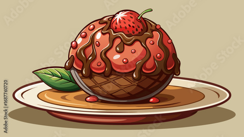 Chocolate tartufo gelato, shaped like a sphere with hidden cherry core, dusted with cocoa. Presented on a refined plate, isolated background celebrates Italian creativity, mystery, and gourmet excelle