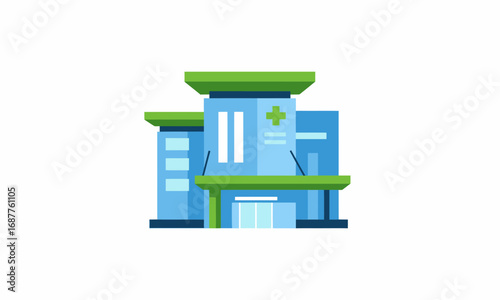 Vector Illustration of a Modern Hospital Building with Green Accents and Cross Symbol.
