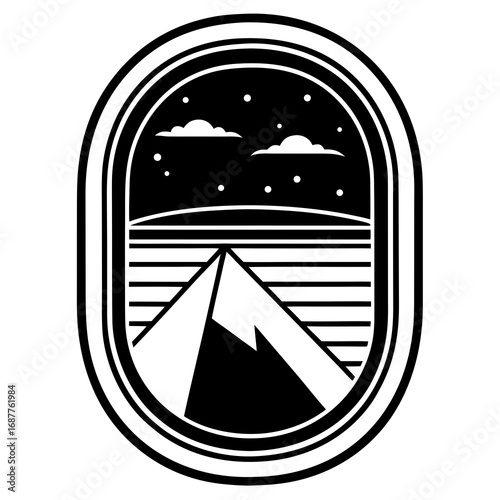 Stylized Mountain Landscape Inside an Oval Frame Black and White Vector Art Keywords: mountain, landscape, nature, night, sky, stars, clouds, oval, frame, border, black and white, vector