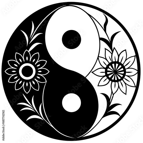 Black and White Yin Yang Symbol Decorated with Flowers and Leaves Keywords: yin yang, taijitu, symbol, balance, harmony, duality, philosophy, spiritual, oriental, eastern, black and white, flowers