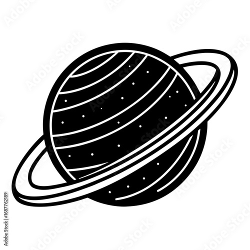 Black Silhouette of a Ringed Planet with Stripes and Dots on White Background space cosmos