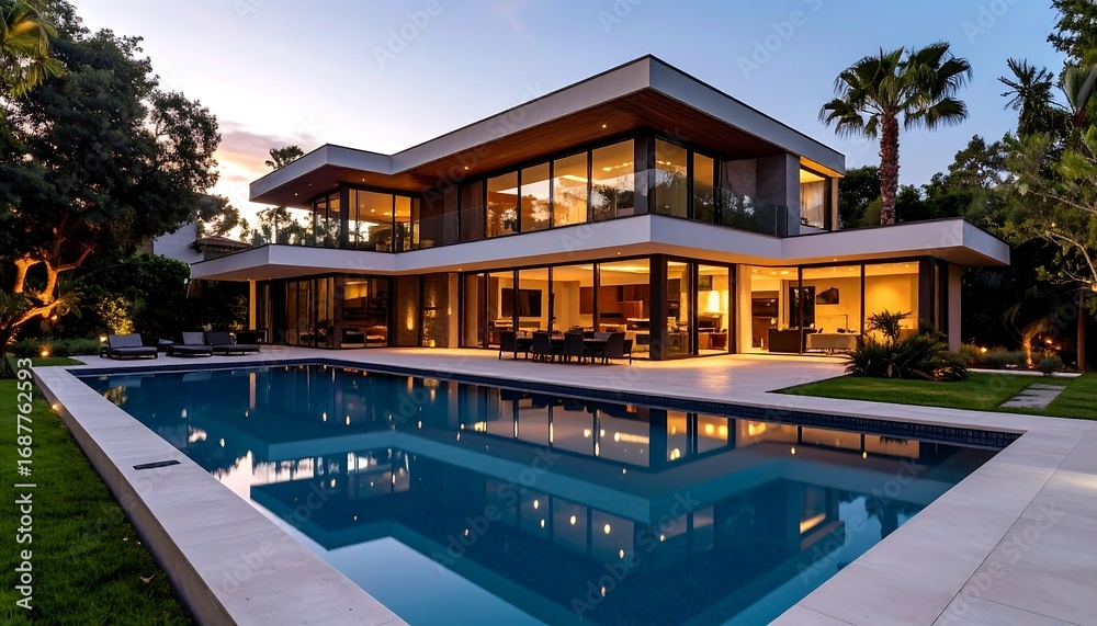 Fototapeta premium A luxurious modern residence basks in twilight's glow.