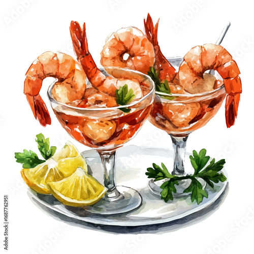 Shrimp Cocktail, watercolor illustration vector, isolated on a white background.