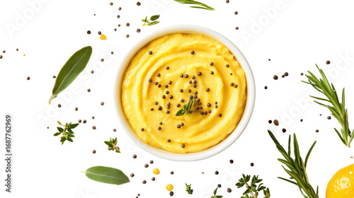 delicious yellow mustard sauce on white background 