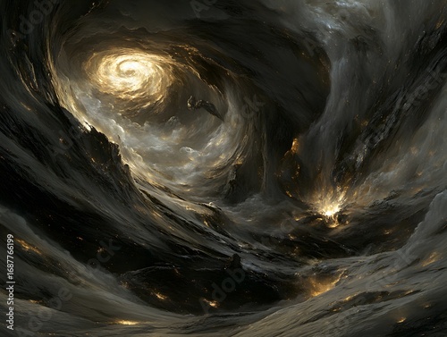 Abstract swirling cosmic landscape, golden vortex in dark nebula, fantasy art, otherworldly mountains, glowing energy