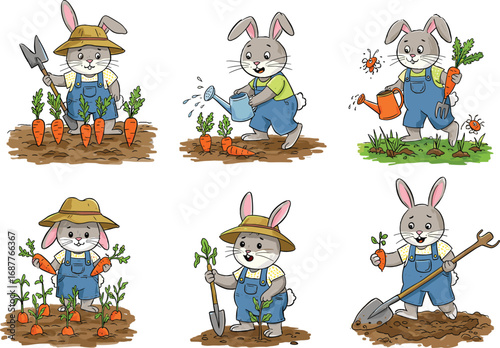Cute cartoon rabbits gardening, watering plants, harvesting carrots, planting vegetables, funny animal farming set, spring garden concept, cad drawing flat vector illustration