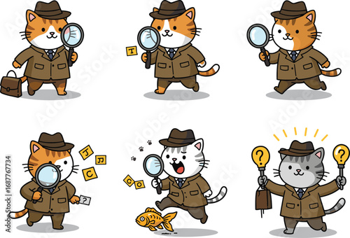 Cartoon detective cats in trench coats with magnifying glass, mystery investigation poses, cute feline characters, playful crime solving concept, whimsical illustration design
