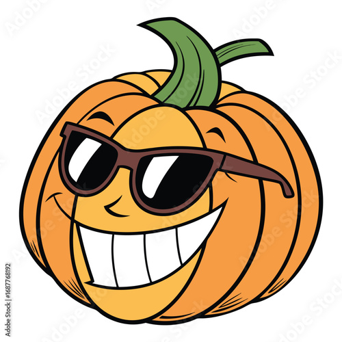 A grinning pumpkin wearing sunglasses with a wide smile, conveying a cool and happy Halloween vibe