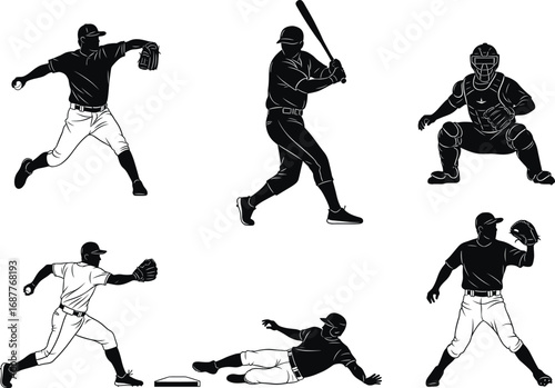 Baseball player silhouettes, pitcher, batter, catcher, fielder, sliding and catching action poses, black vector illustration for sports, competition, training, and athletic design projects