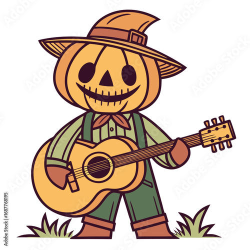A friendly scarecrow with a pumpkin head playing an acoustic guitar, dressed in overalls and a hat