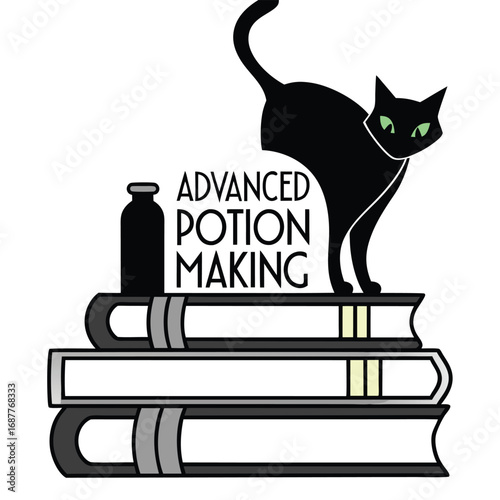 Black Cat on Stack of Books with Potion Bottle and Advanced Potion Making Text Keywords: black cat, books, stack of books, potion bottle, advanced potion making, magic, witchcraft, spell book