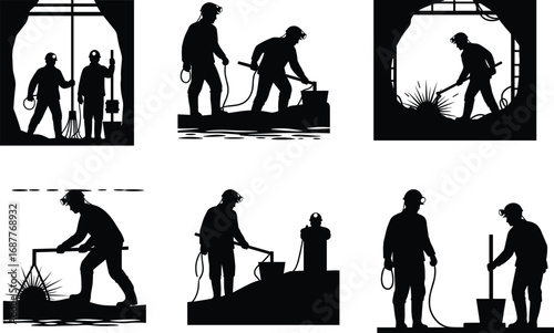 Construction worker silhouettes, industrial labor scenes, tunnel and site activities, teamwork and heavy equipment operation, black vector illustration for engineering, architecture, 