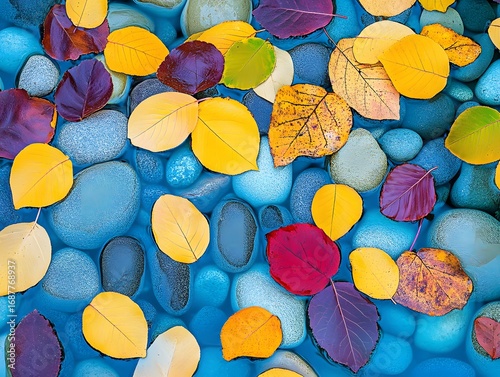 Vibrant Autumn Leaves Floating on Smooth Blue Stones